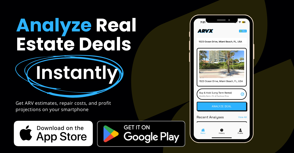 ARVX mobile app interface showing real estate deal analysis with ARV calculations, repair costs, and investment metrics